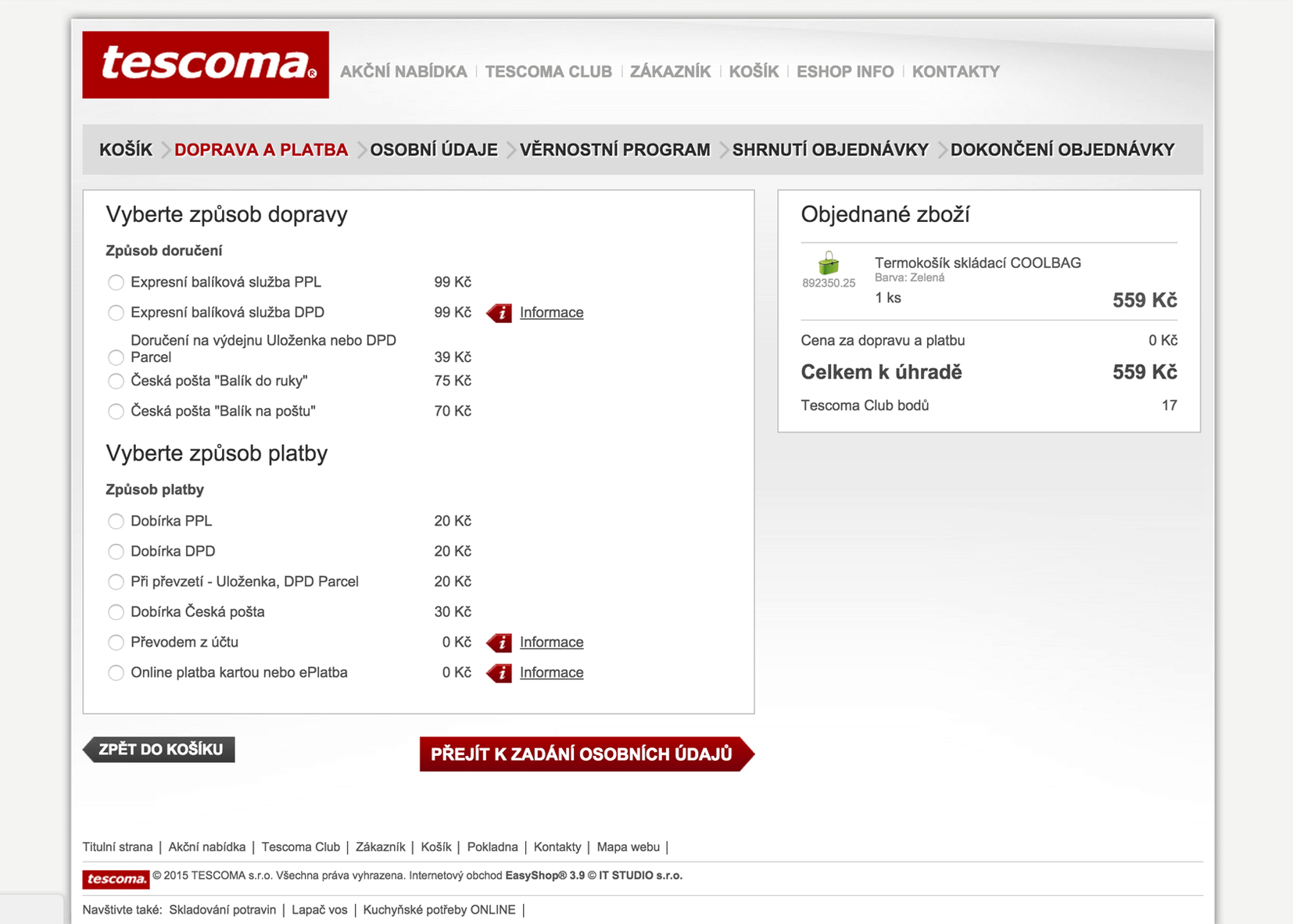 Tescoma.cz Doprava a platba 2015